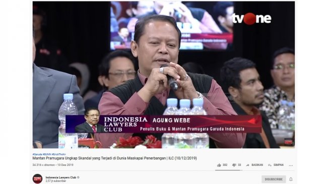 Penulis Buku dan mantan pramugara Garuda Indonesia Agung Webe (Screenshot YouTube Indonesia Lawyers Club)