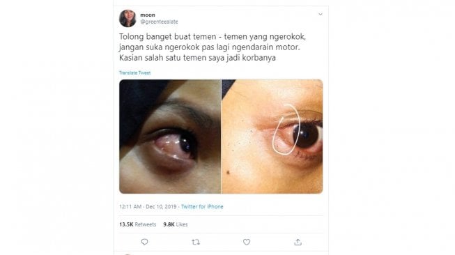 Postingan viral wanita pejalan kaki kena bara rokok pengendara motor (twitter @greenteealate)