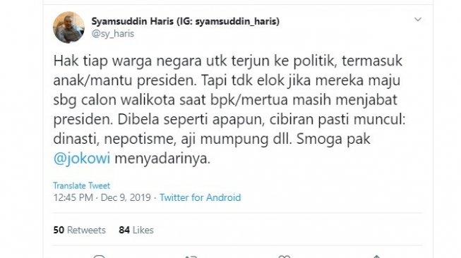 Peneliti LIPI Syamsuddin Haris menanggapi Gibran dan Bobby maju Pilkada (twitter @sy_haris)