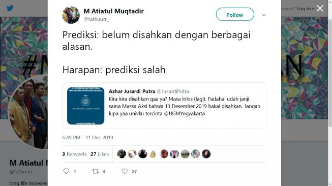 Mahasiswa tagih janji UGM sahkan peraturan cegah kekerasan seksual - (Twitter/@fathuurr_)