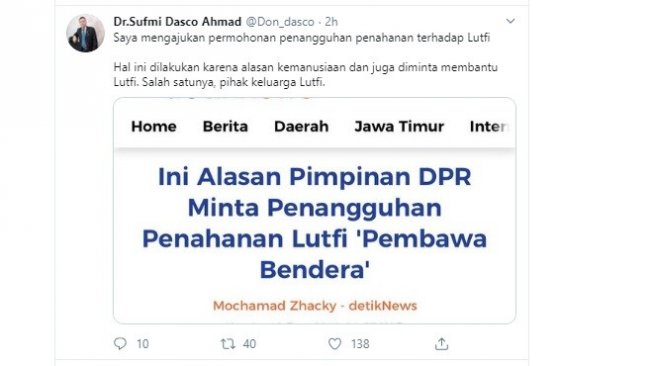 Alasan Wakil Ketua DPR RI Sufmi Dasco minta penangguhan penahanan Luthfi (twitter @Don_dasco)