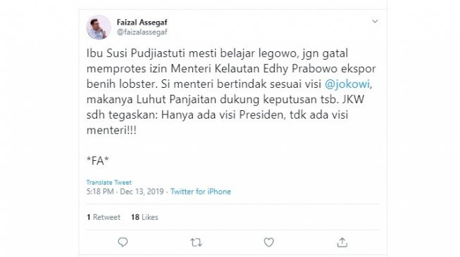 Faizal Assegaf menyarankan Susi Pudjiastuti tidak protes kebijakan ekspor benih lobster (twitter @faizalassegaf)