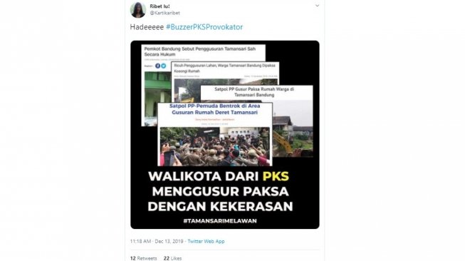 Tagar #BuzzerPKSProvokator dikaitkan dengan penggusuran Tamansari Bandung (twitter @Kartikaribet)