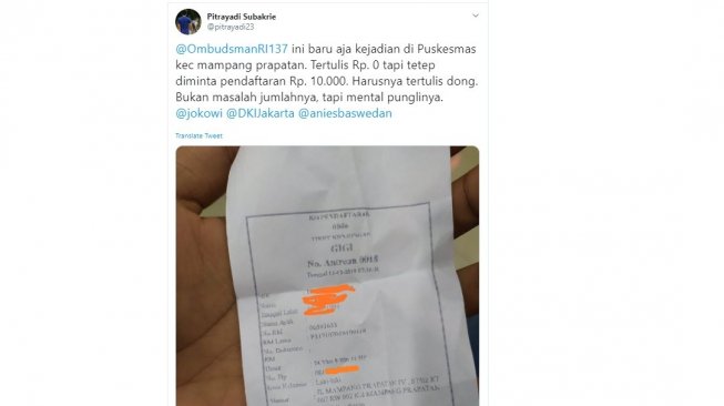 Ombudsman terima aduan tarif puskesmas DKI Jakarta tak sesuai (twitter @pitrayadi23)