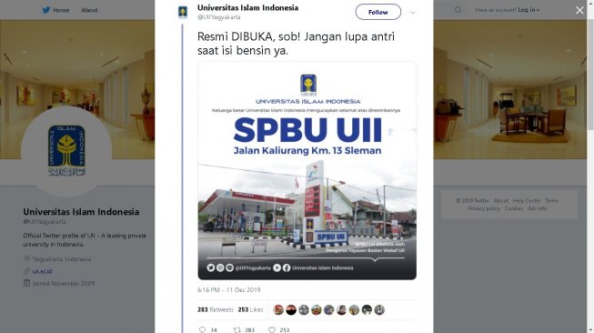 SPBU UII di Jakal Km 13,5, Sukoharjo, Ngaglik, Sleman, resmi dibuka, Kamis (12/12/2019). - (Twitter/@UIIYogyakarta)