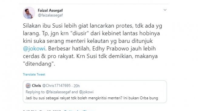 Faizal Assegaf menyebut Edhy Prabowo lebih cerdas (twitter @faizalassegaf)