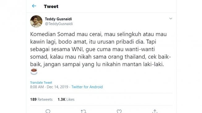 Teddy Gusnaidi beri komentar pedas ke Ustaz Abdul Somad (UAS) soal perceraian (twitter @TeddyGusnaidi)