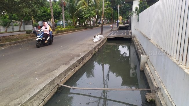 Kondisi got yang terletak di Jalan Jelambar Madya Blok A, Jelambar, Grogol Petamburan, Jakarta Barat itu memiliki lebar kurang lebih 1,5 meter. (Suara.com/Tyo)