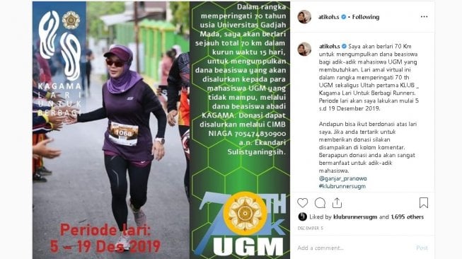 Siti Atikoh lari 70 km untuk peringati Dise Natalis ke-70 UGM - (Instagram/@atikoh.s)