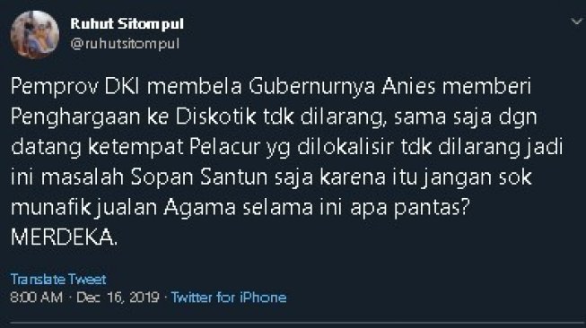 Cuitan Ruhut Sitompul soal penghargaan untuk Diskotek Colloseum. (Twitter/@ruhutsitompul)