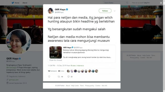 Properti Museum Keraton Yogyakarta rusak gara-gara pengunjung - (Twitter/@GKRHayu)