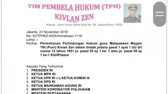 Bidik layar terkait surat Kivlan Zen yang dikirim kepada Presiden Jokowi. (istimewa).