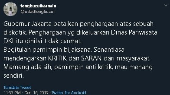 Tengku Zul sanjung Anies Baswedan. (Twitter/@ustadtengkuzul)