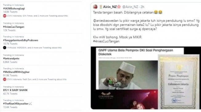 Tagar #4niesCuciTangan masuk daftar trending topik Twitter (twitter)