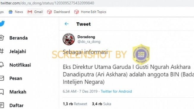 CEK FAKTA: Eks Dirut Garuda Ari Askhara Anggota BIN, Benarkah?