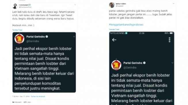 Cuitan Gerindra soal benih lobster dikritik warganet (twitter @RiuUtomoRizki dan @napsiati)