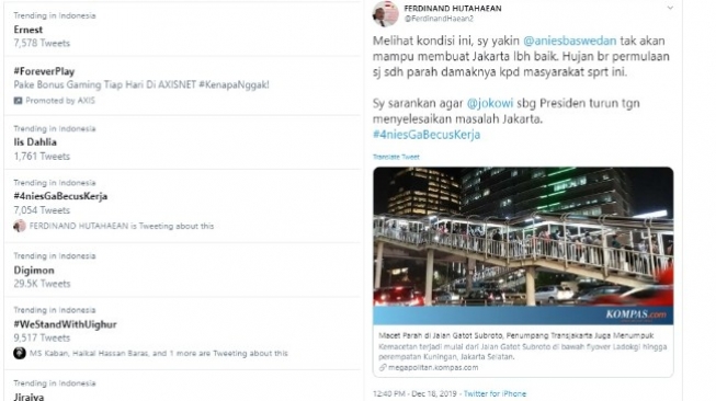 Kritik kepada Gubernur DKI Jakarta Anies Baswedan terus dikirimkan oleh warganet melalui m  Tagar #4niesGaBecusKerja Trending, Ferdinand Minta Jokowi Turun Tangan