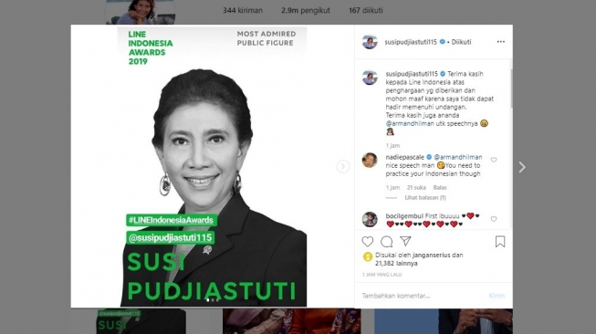 Susi Pudjiastuti meraih penghargaan Most Admired Public Figure (instagram/@susipudjiastuti115)