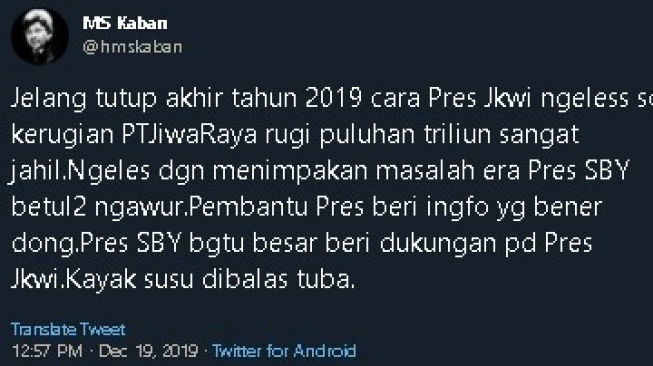 Cuitan MS Kaban soal Jiwasraya. (Twitter/@hmskaban)