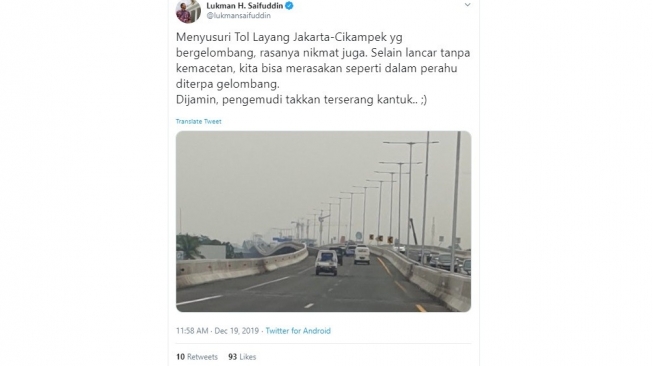 Sindiran Lukman Saifuddin terhadap Tol layang Jakarta-Cikampek yang bergelombang (twitter @lukmansaifuddin)