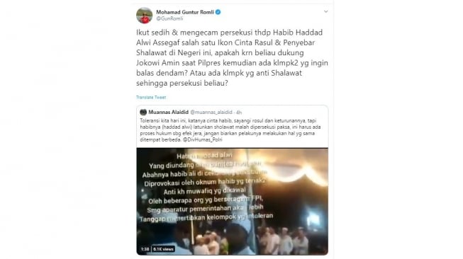 Guntur Romli mengecam persekusi Haddad Alwi di Sukabumi (twitter @GunRomli)