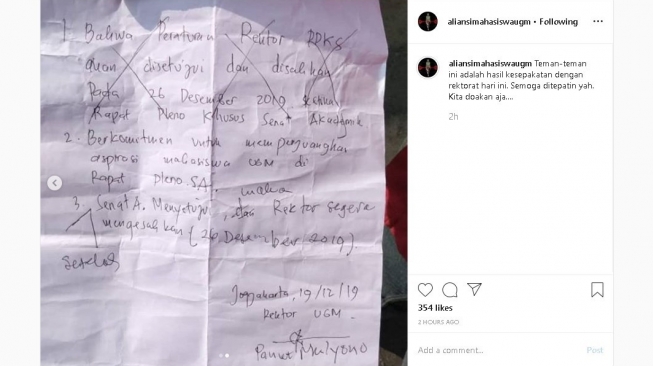 Kesepakatan antara rektorat dan mahasiswa UGM soal PPKS - (Instagram/@aliansimahasiswaugm)