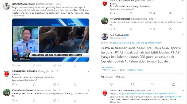 Susi Pudjiastuti ancam laporkan akun yang menuduh perusahaannya beli bibit lobster (twitter @susipudjiastuti)