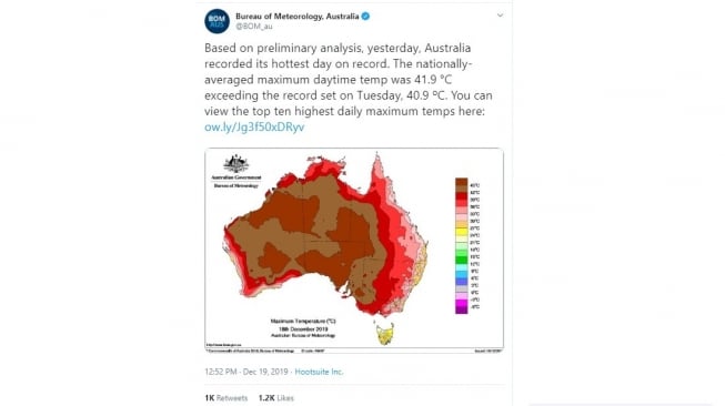 Rekor hari terpanas Australia (twitter @BOM_au)