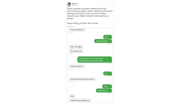 Tangkapan layar chat penumpang dan driver ojol. [Twitter]