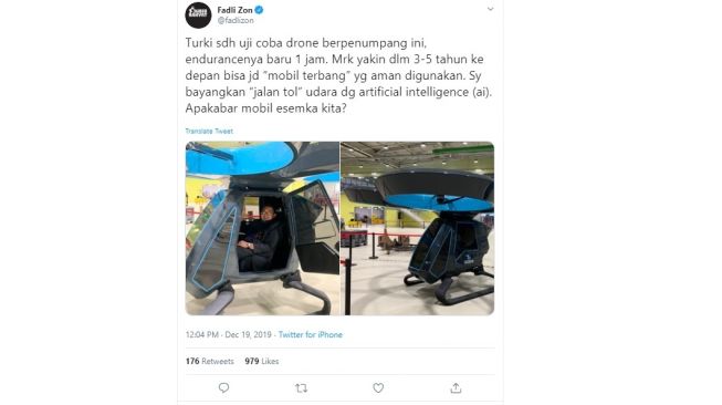 Fadli Zon mencoba drone berpenumpang di Turki (twitter @fadlizon)