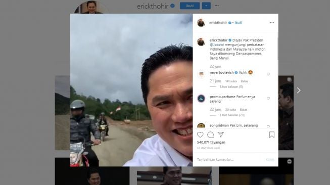 Postingan Erick Thohir diajak Presiden Jokowi mengunjungi perbatasan Indonesia dan Malaysia naik motor (instagram/@erickthohir)