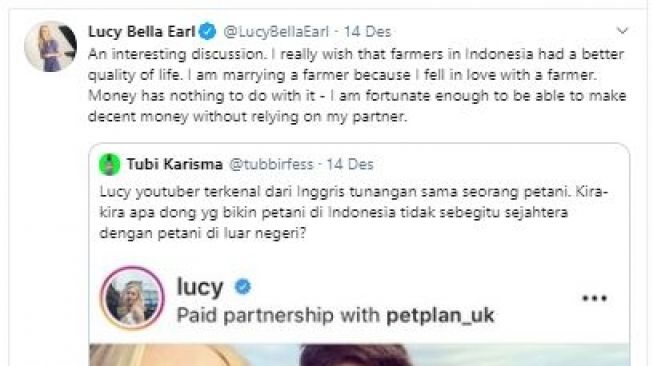 Tanggapan Lucy Bella Earl. (Twitter/@lucybellaearl)