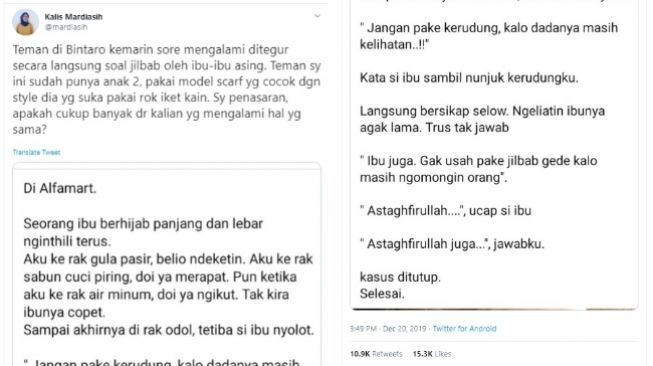 Cerita viral wanita ditegur ibu-ibu soal gaya jilbab (twitter @mardiasih)