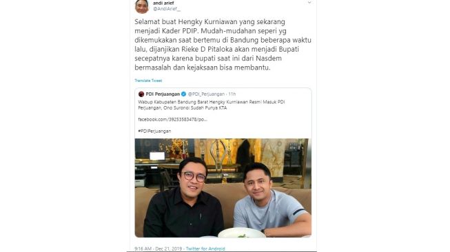 Hengky Kurniawan masuk PDIP, Andi Arief ucapkan selamat (twitter @AndiArief__)