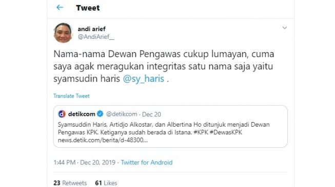 Andi Arief meragukan integritas Syamsuddin Haris sebagai Dewas KPK (twitter @AndiArief__)