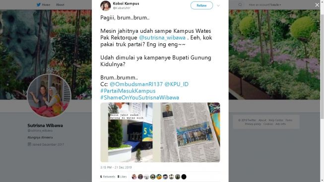 Rektor UNY Sutrisna Wibawa dituding kampanye di kampus - (Twitter/@KabarUNY)