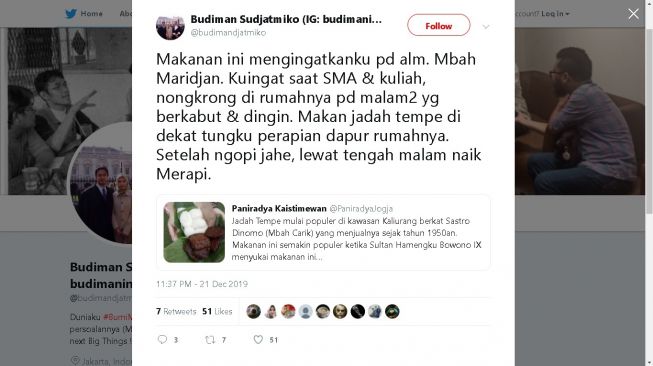 Kenangan Budiman Sudjatmiko dengan jadah tempe - (Twitter/@budimandjatmiko)