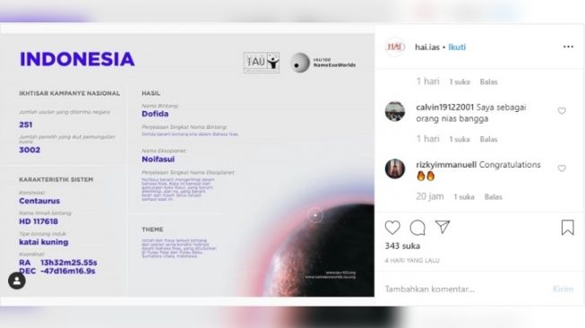 Indonesia sumbang penamaan bintang dan eksoplanet. [Instagram]
