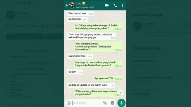 Tangkapan layar chat penipu yang justru ditipu balik. [Twitter]