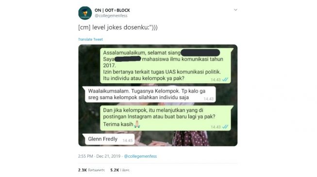 Tangkapan layar chat mahasiswa ke dosen ini kocak. [Twitter]