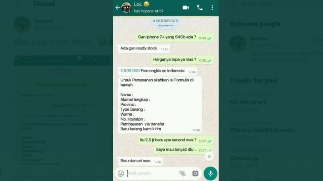 Tangkapan layar chat penipu yang justru ditipu balik. [Twitter]