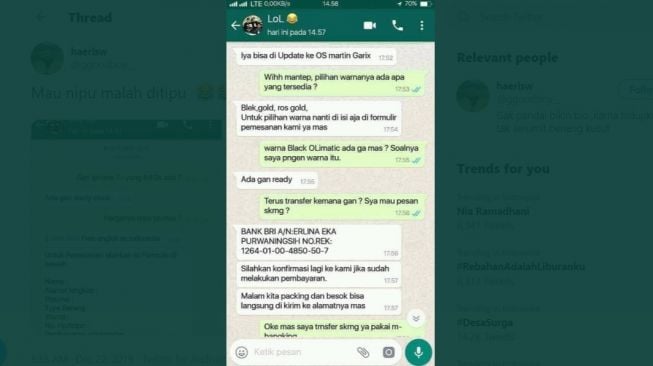 Tangkapan layar chat penipu yang justru ditipu balik. [Twitter]