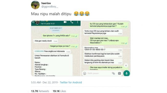 Tangkapan layar chat penipu yang justru ditipu balik. [Twitter]