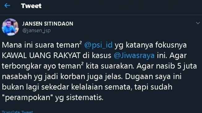 Jansen Sitindaon sindir PSI soal kisruh Jiwasraya. (Twitter/@jansen_jsp)