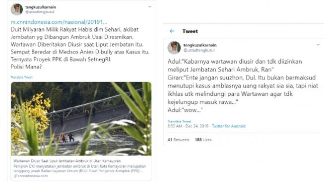 Tengku Zulkarnain mengomentari ambruknya jembatan lengkung hutan kota Kemayoran (twitter @ustadtengkuzul)