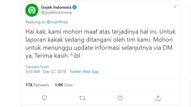 Tanggapan Gojek atas kecelakaan yang menimpa penumpangnya (twitter @gojekindonesia)