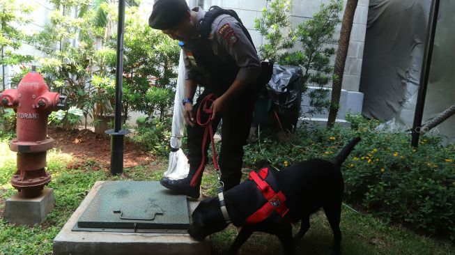 Tim Gegana mengunakan anjing pelacak menyisir kawasan Gereja Katedral Jakarta, Selasa (24/12). [Suara.com/Angga Budhiyanto]