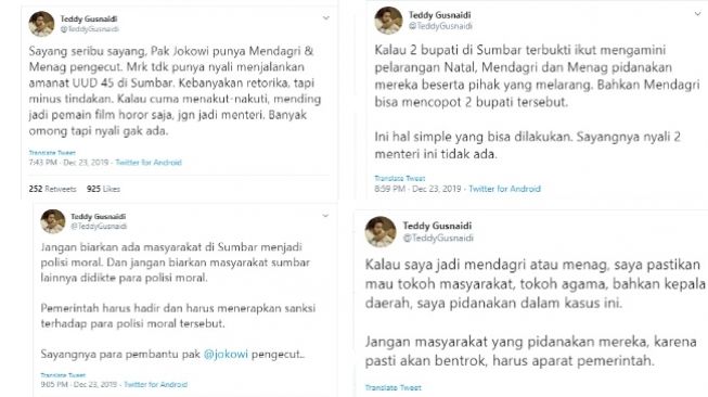 Teddy Gusnaidi menanggapi larangan perayaan Natal di Sumatera Barat (Twitter @TeddyGusnaidi)