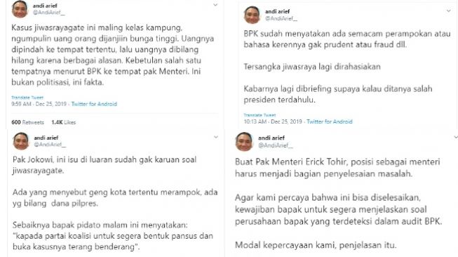 Andi Arief desak Jokowi bentuk pansus untuk kasus Jiwasraya (twitter @AndiArief__)