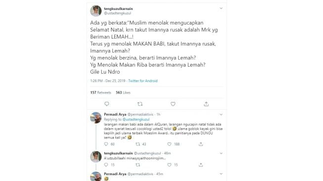 Cuitan Tengku Zulkarnain dikritik Abu Janda (twitter @ustadtengkuzul)